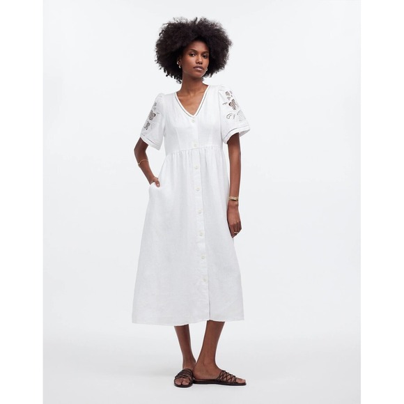 Madewell White Linen Midi Dress Button Front Eyelet Sleeve Casual XS - Picture 1 of 9